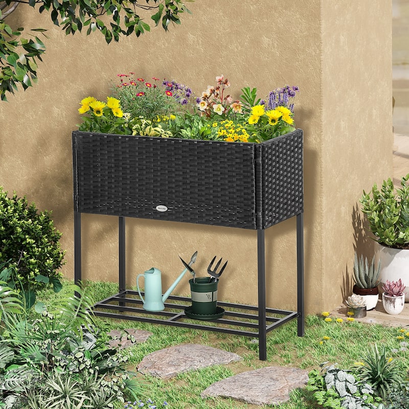 Raised Garden Bed, Elevated Planter Box with Rattan Wicker Look, Tool Storage Shelf, Portable Design for Herbs