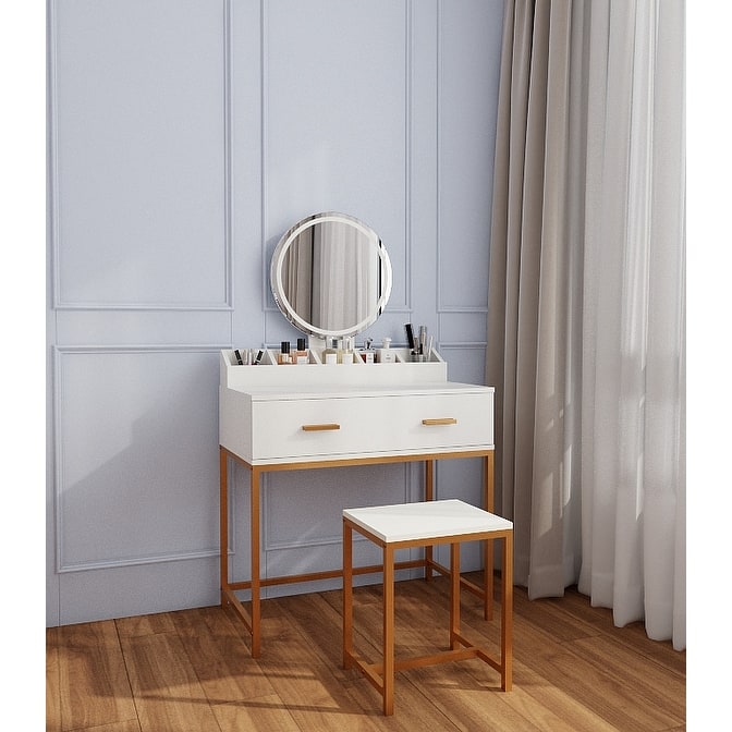 Vanity Set with Mirror and Stool - Makeup Vanity Table with Storage Drawers and Organizer, White and Gold, Space-Saving Design