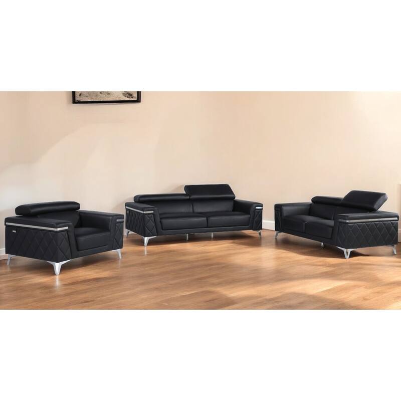 HomeRoots Three Piece Black Italian Leather Five Person Seating Set