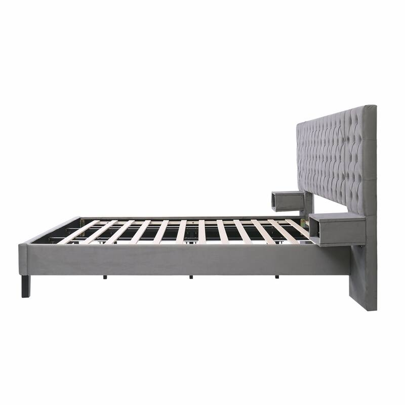 Modern Velvet Upholstered Platform Bed with 2 Nightstands