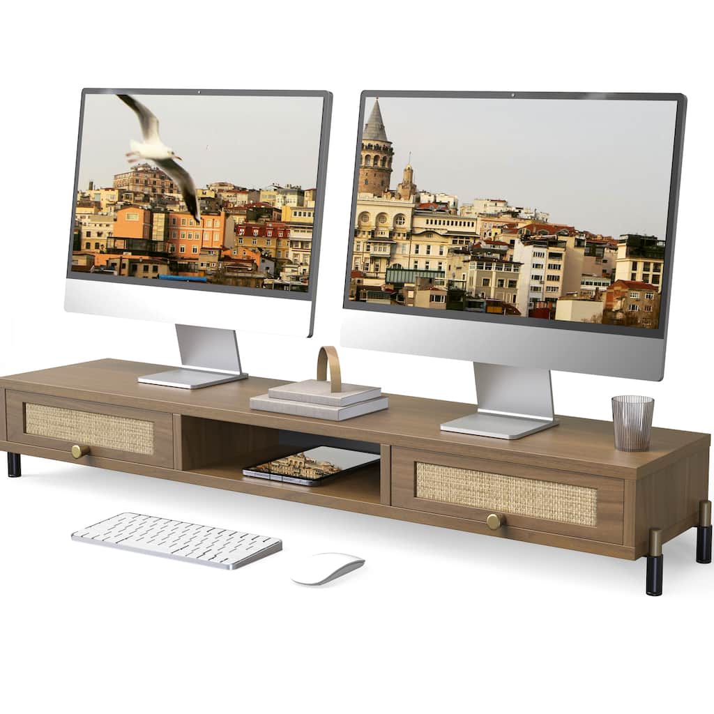 FENGE Wood Rattan Dual Monitor Stand with Drawer