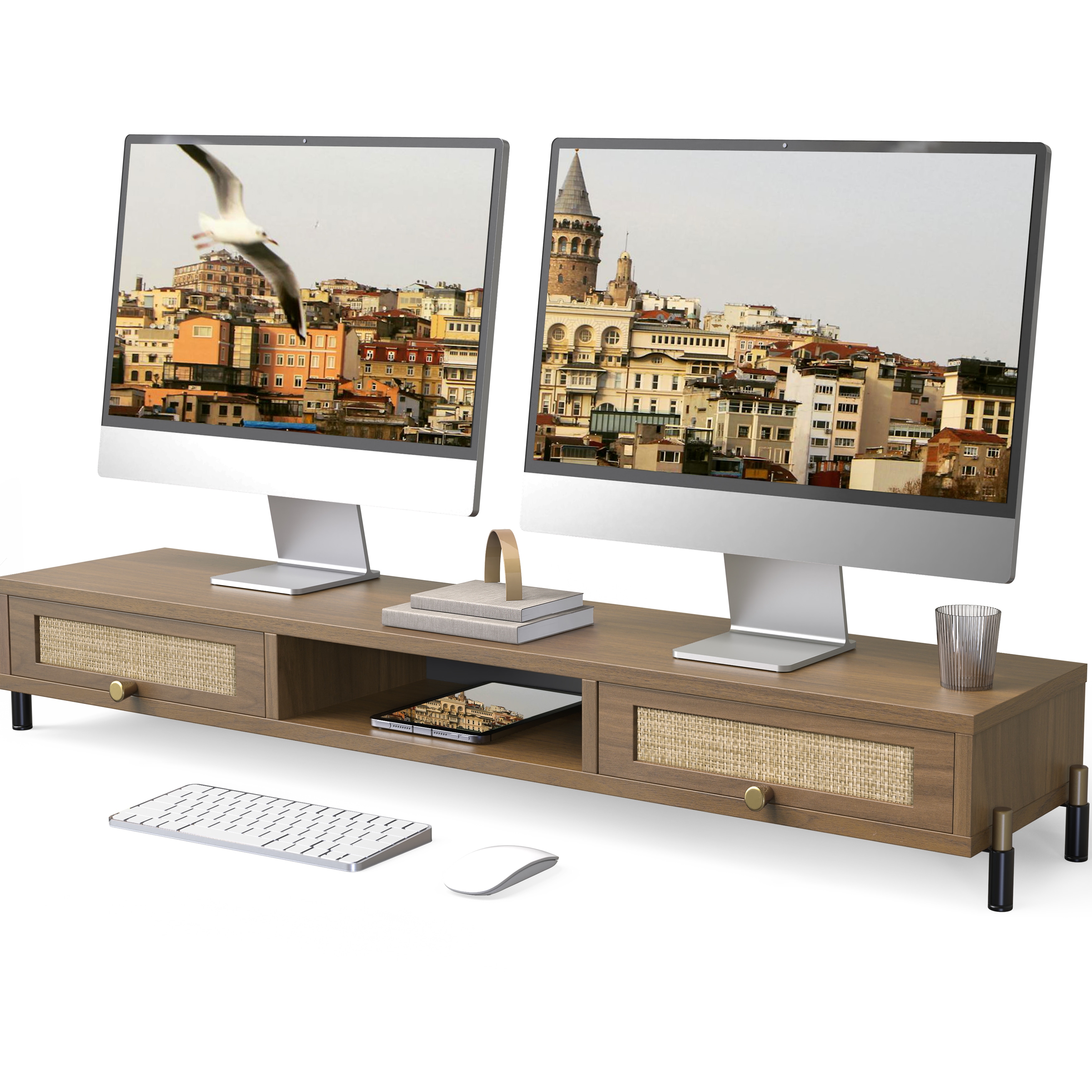FENGE Wood Rattan Dual Monitor Stand with Drawer