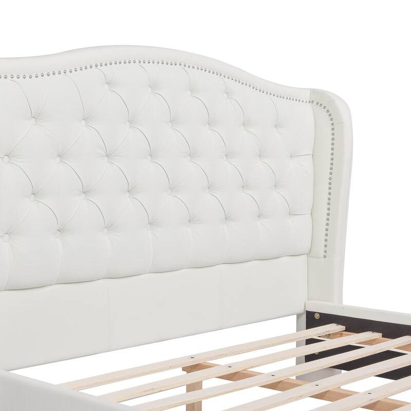 Queen Size Wingback Upholstered Platform Bed with Button-Tufted Headboard