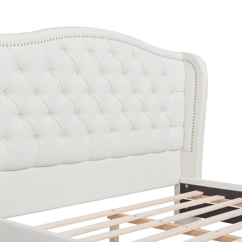 Queen Wingback Upholstered Platform Bed Frame - Polyester Fabric, Foam Fill, Stylish & Supportive