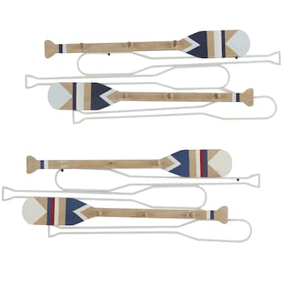 Wood Paddle 12 Hangers Wall Hook with Stripe Patterns - Set of 2 Light Brown - Roche River Decor