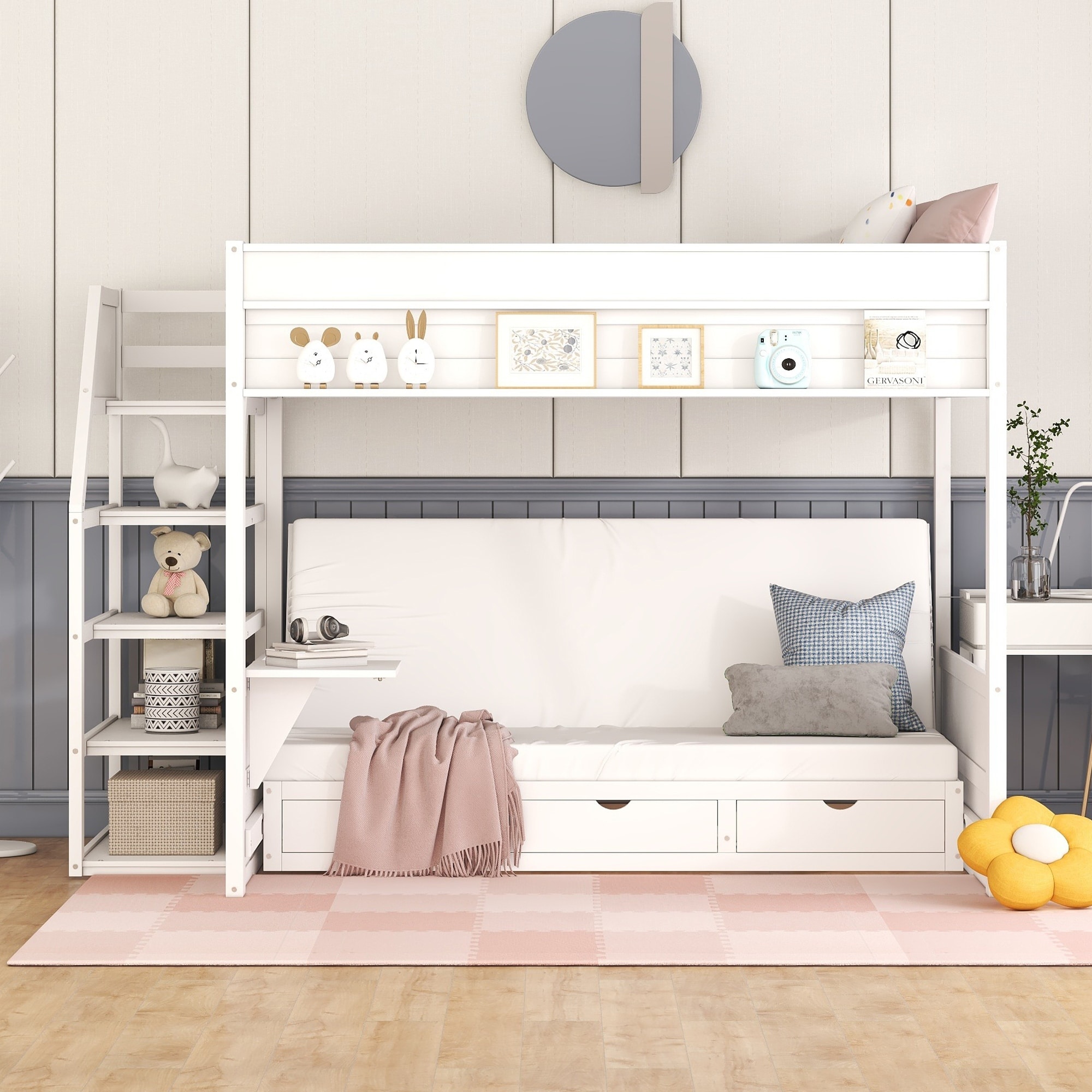 Full Size Bunk Bed Convertible Down Bed Leisure Daybed Wood Slat