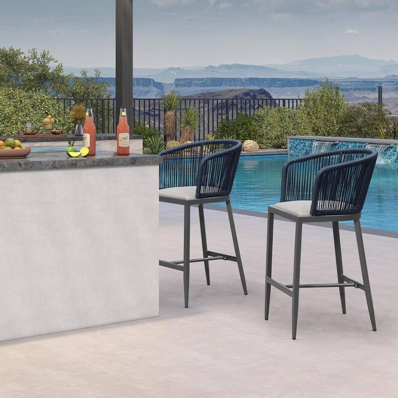 PURPLE LEAF Outdoor Bar Stools Chair Set of 2, All Weather Rattan and Aluminum Patio Bar Stool with Cushion - Grey-Height stool