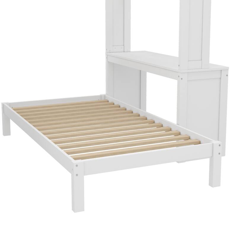 Queen Size Loft Bed & Twin Size Platform Bed Set, Wood Bunk Bed with Built-in Desk, Open Shelves and Wardrobe, Queen Over Twin