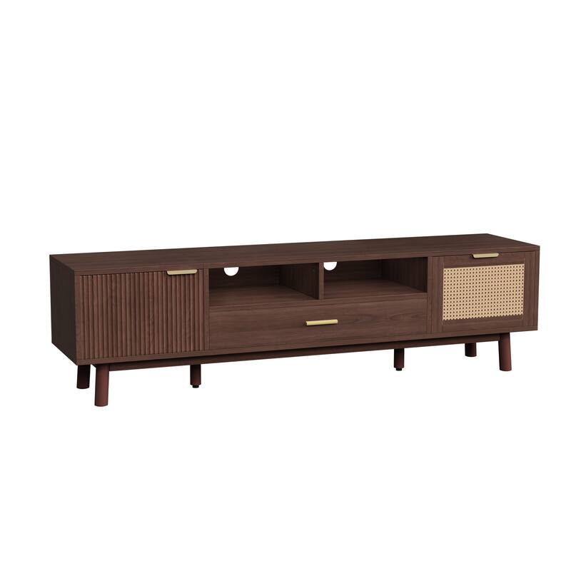 Dark Brown Solid Wood TV Stand for 75" TVs，TV Console with Soft-Closing Door and Drop-Down Door Cabinet