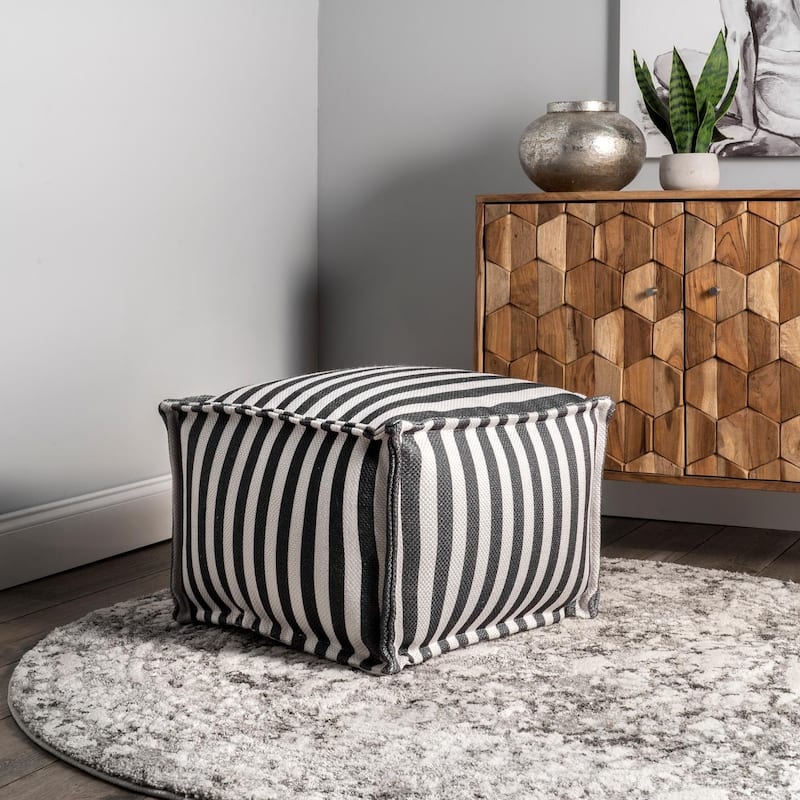 Nuloom Porto Printed Striped Indoor/Outdoor Ottoman Pouf - Grey