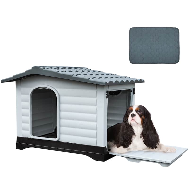 Moasis Slant-roof Dog House with Vent and Windows, Side Door - Grey - Small