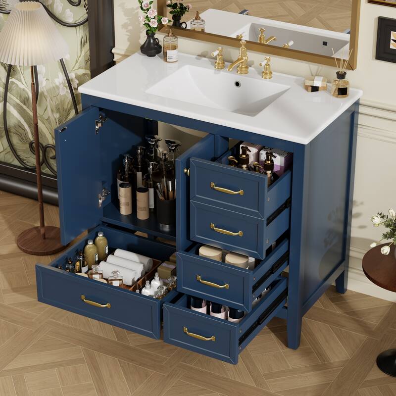 36" Bathroom Vanity with Sink Set, Wood Frame Vintage Bathroom Cabinet Vanity with Soft-Closing Doors & Drawers