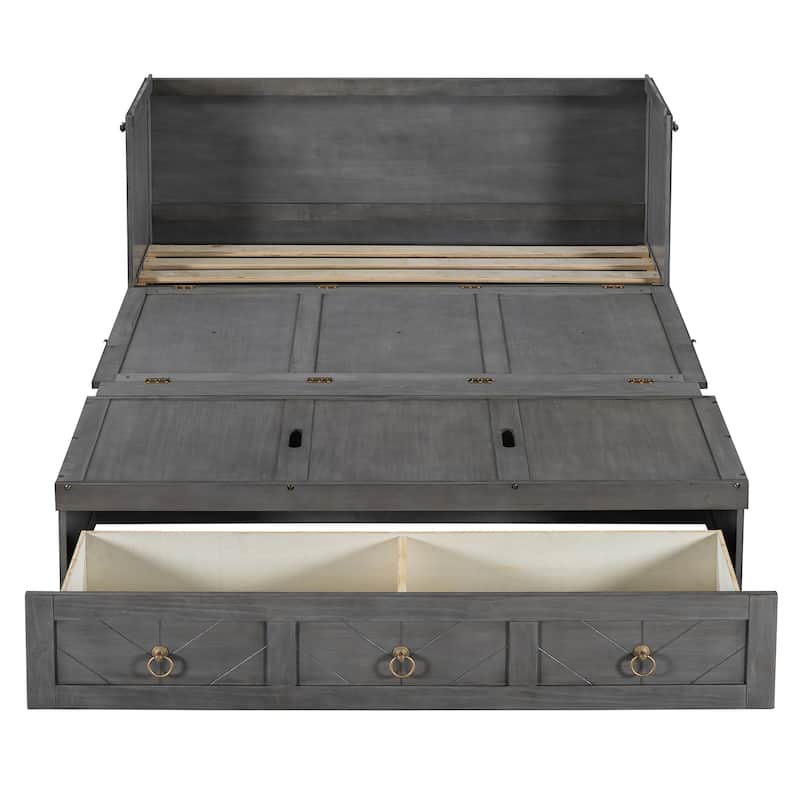 Full/Queen Murphy Bed with Built-in Power/USB Module, Wooden Foldable Wall Bed w/Large Storage Drawer for Home Office Guest Room