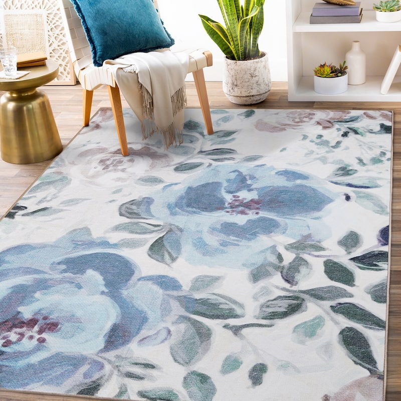 My Magic Carpet Sasha Floral Cream Blue Machine Washable Rug - 5' x 7'
