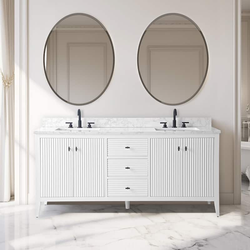Vanity Art 72" Double Sink Bathroom Vanity Cabinet with Engineered Marble Top - 72"/Matte Black Handle - Linear White