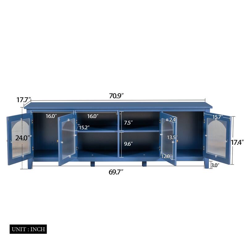 Stylish TV Stand with 4 Glass Doors, TV Console Table Entertainment Center w/ Storage Shelves, Modern TV Cabinet for Living Room