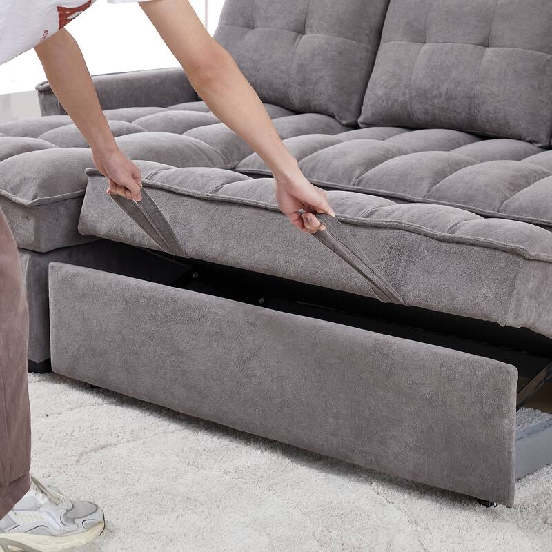78.75" Chenille Pull-Out L-Shaped Sectional Sofa Bed with Charging Ports and Storage Chaise