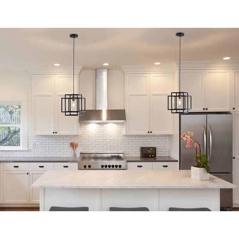 Modern Black Finish Rectangle Iron Frame Pendant Light