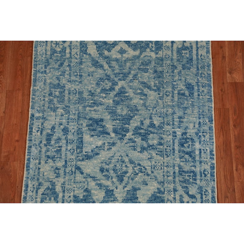 Hand Knotted Oriental 100% Wool Carpet Transitional All-Over Navy Blue & Blues Oushak Runner Rug - 17' 4'' X 3' 2''