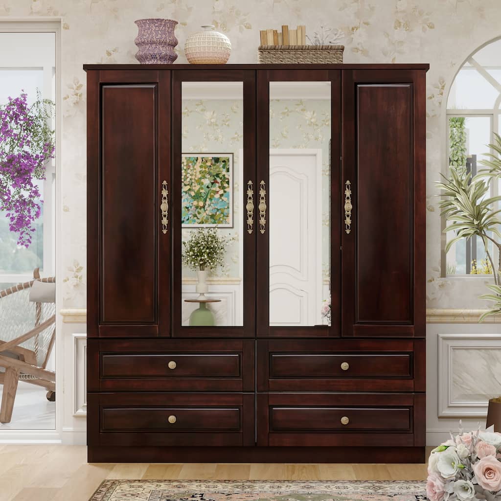 100% Solid Wood Walnut Armoire Wardrobe Closet with Drawers and Hanging Rod, Farmhouse Style 4-Door Wardrobe Closet with Mirrors