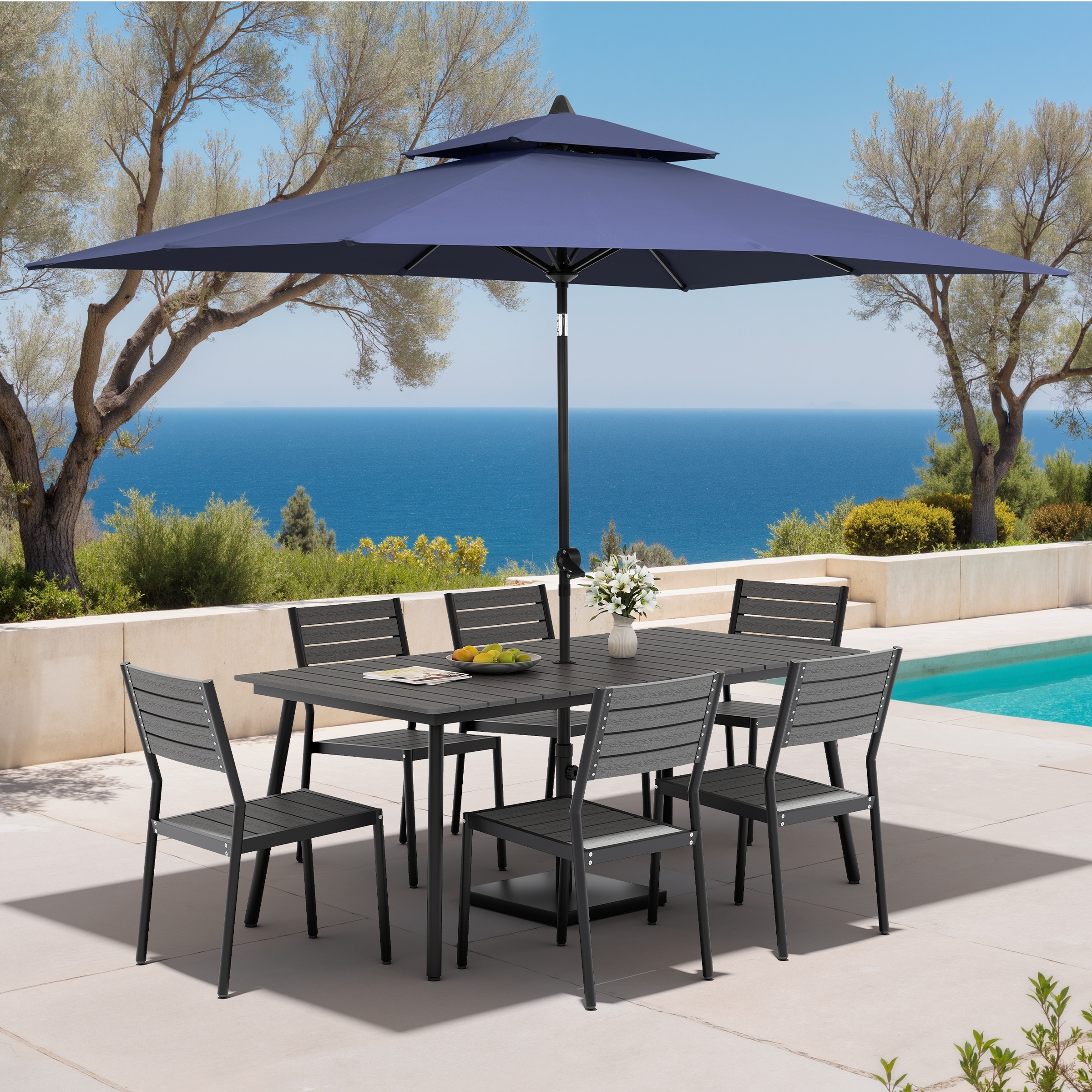 9PC Outdoor Patio Dining Set Aluminum Table with Stackable Chairs w/ Market Umbrella Set