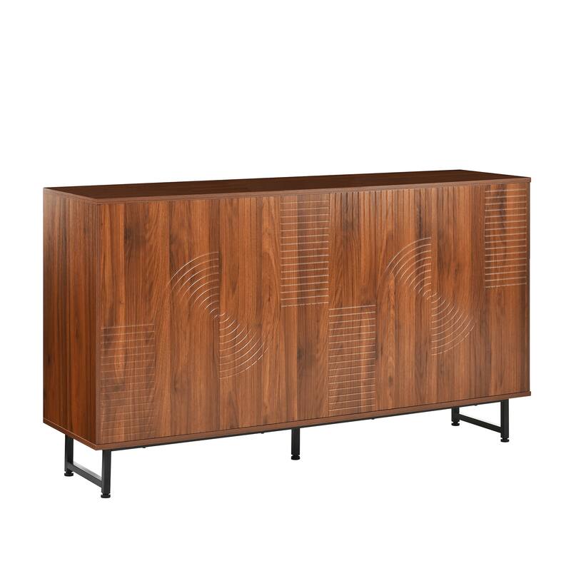 Mid-Century Modern Sideboard Buffet Cabinet, 59-Inch Geometric Carved Storage Cabinet with Metal Legs, Multi-Purpose Credenza