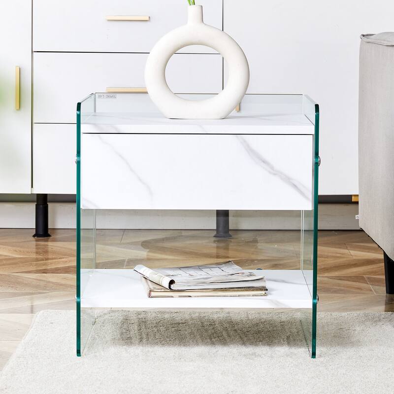 Elegant Bedside Table with Drawers, Transparent Tempered Glass