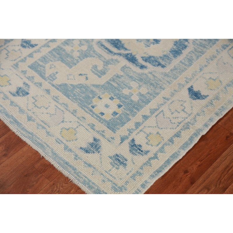 Hand Knotted Oriental 100% Wool Carpet Transitional Geometric Navy Blue & Blues Oushak Runner Rug - 12' 10'' X 3' 0''
