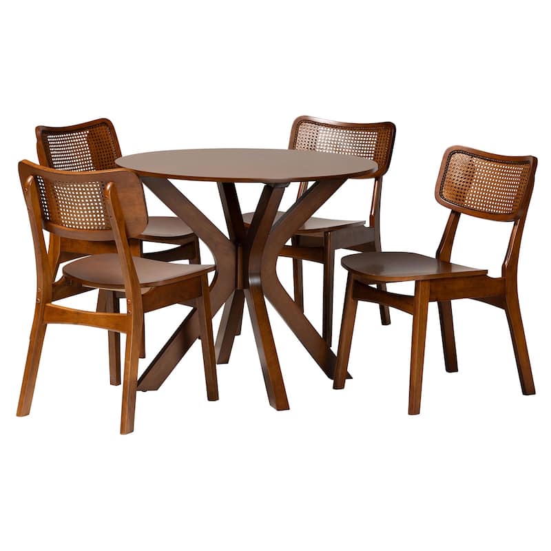 Linnet Mid-Century Wood and Rattan 5-Piece Dining Set - Walnut