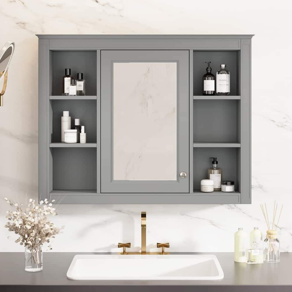 Modern Medicine Cabinet Wall Cabinet with Mirror and Open Compartments
