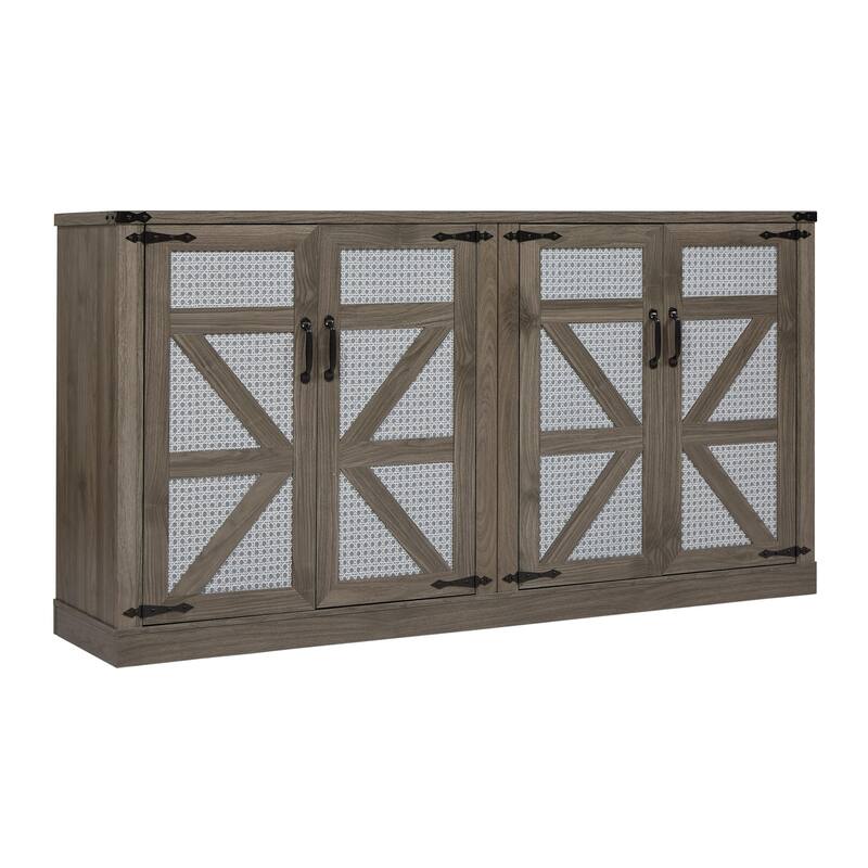 Faux Rattan Sideboard with Barn Door, Wooden Storage Cabinet with Metal Handles, Buffet Cabinet with Adjustable Shelves
