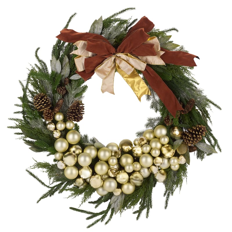 SAFAVIEH Home Faux 34-inch Pine Needle Wreath With Ornaments And Ribbon & Pine Cone