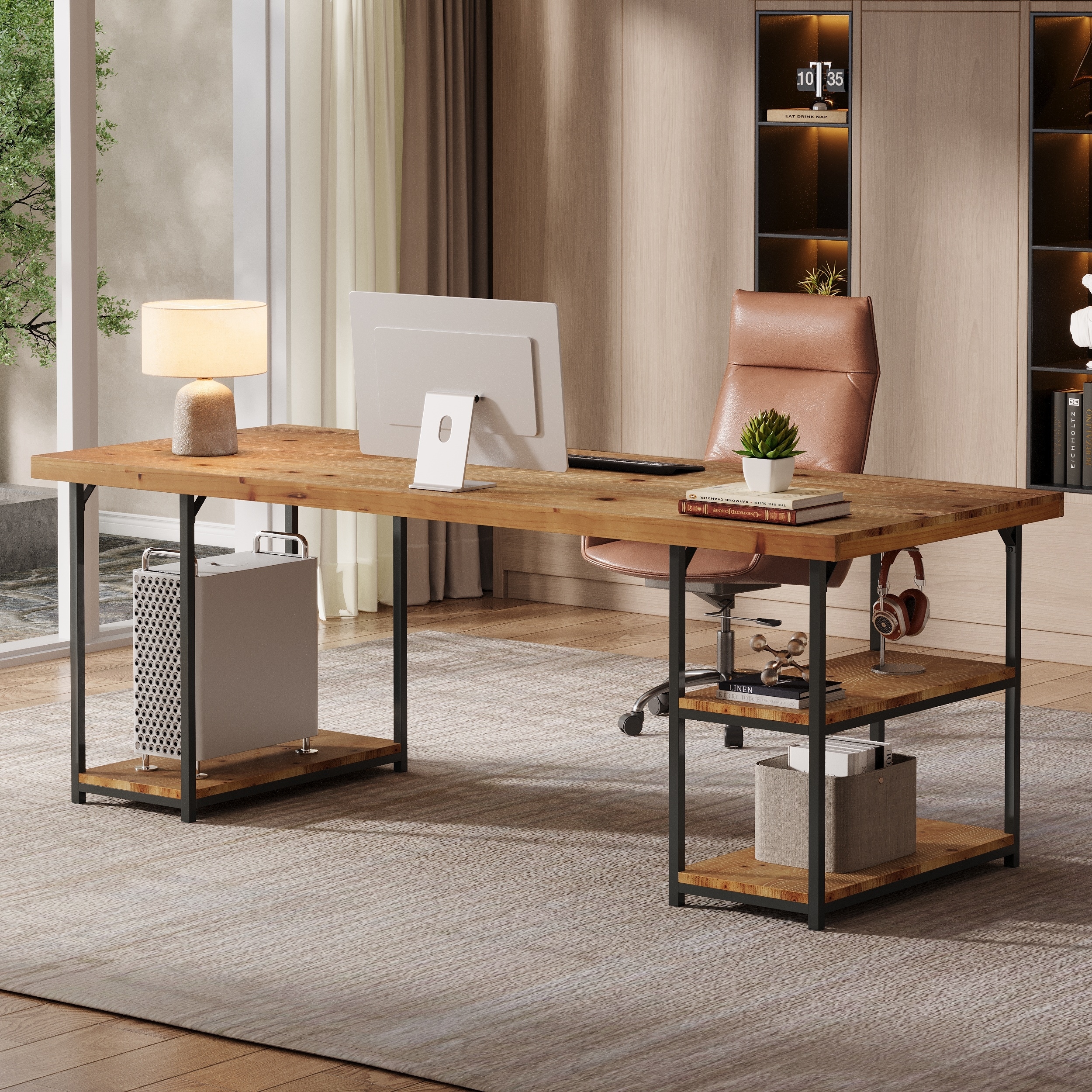 71 Inch Large Computer Desk with Shelves, Solid Wood Writing Desk for Home Office, Gaming