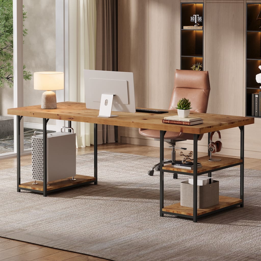 71 Inch Large Computer Desk with Shelves, Solid Wood Writing Desk for Home Office, Gaming