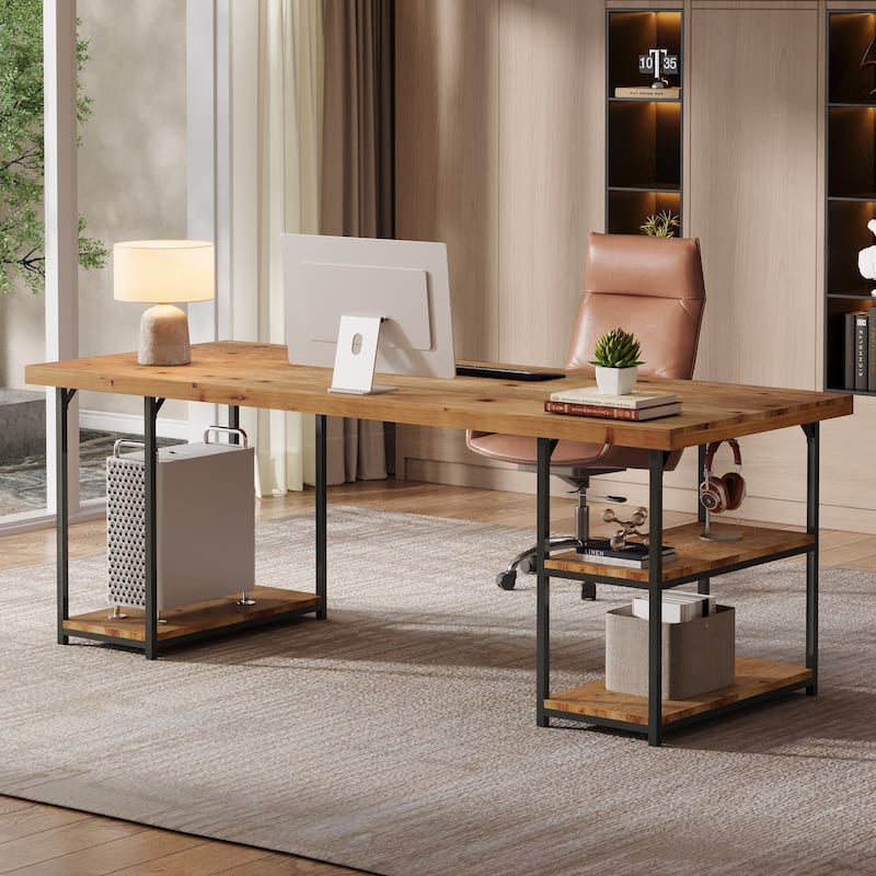 71 Inch Large Computer Desk with Shelves, Solid Wood Writing Desk for Home Office, Gaming - Light Brown and Black