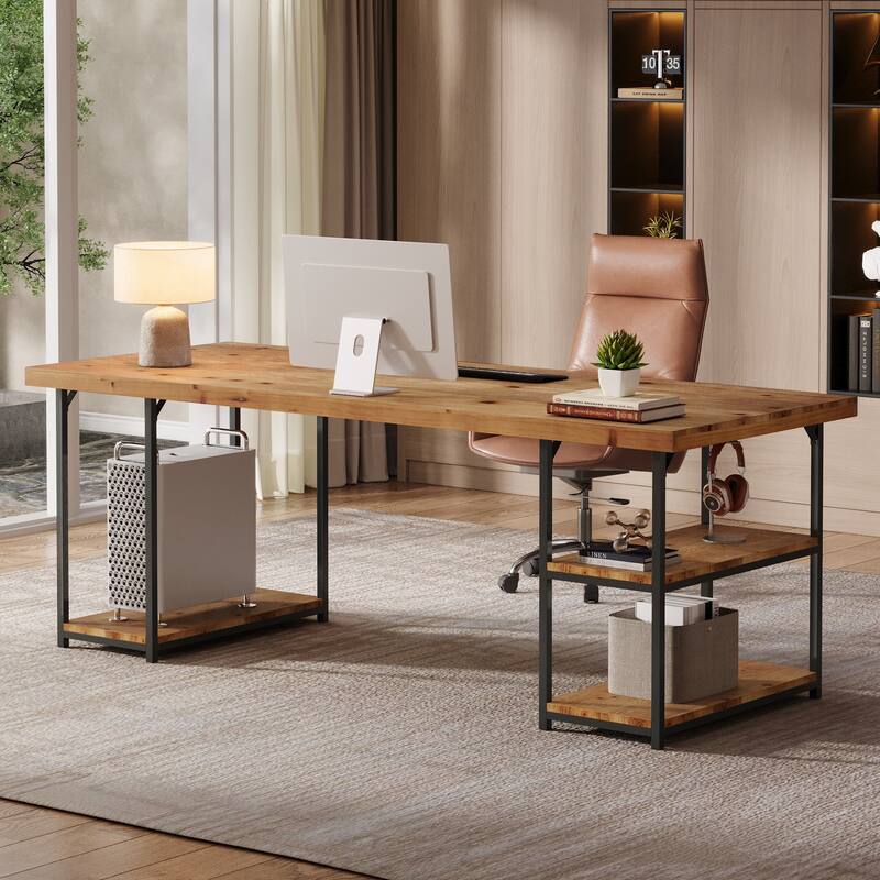 71-Inch Solid Wood Desk with Shelves - Brown
