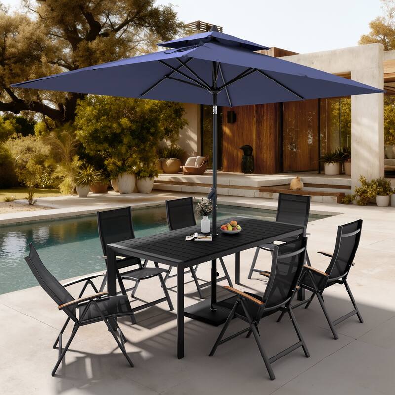 9-Piece Outdoor Patio Dining Set Wood Like Aluminum Umbrella Hole Table with Folding Chairs, Market Umbrella and Base - BlackTable&BlackChairs&NavyBlueUmbrella