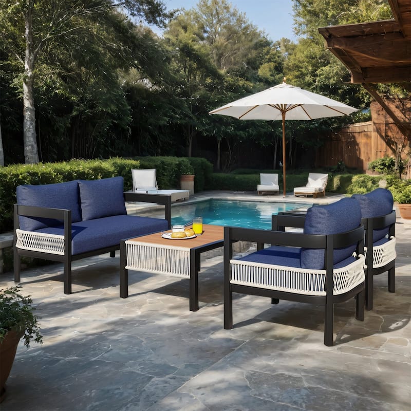 Modular Outdoor Sofa Set with PE Wicker & WPC Table, Rust-Proof Frame