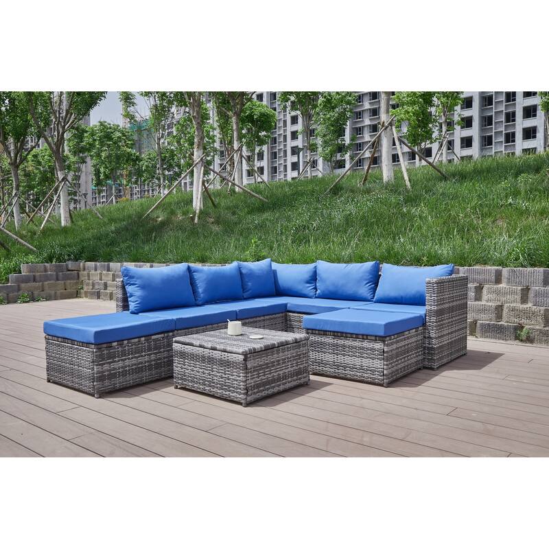 8 Pcs Patio Sectional Sofa Set, All-Weather Outdoor PE Rattan Wicker Conversation Furniture Set with Cushions and Tea Table