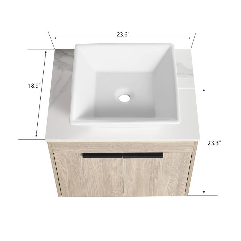 24 "Float Bathroom Vanity With Ceramic Basin Set,Wall Mounted Oak Vanity,Soft Close Door,KD-Packing,KD-Packing,2 Pieces Parcel
