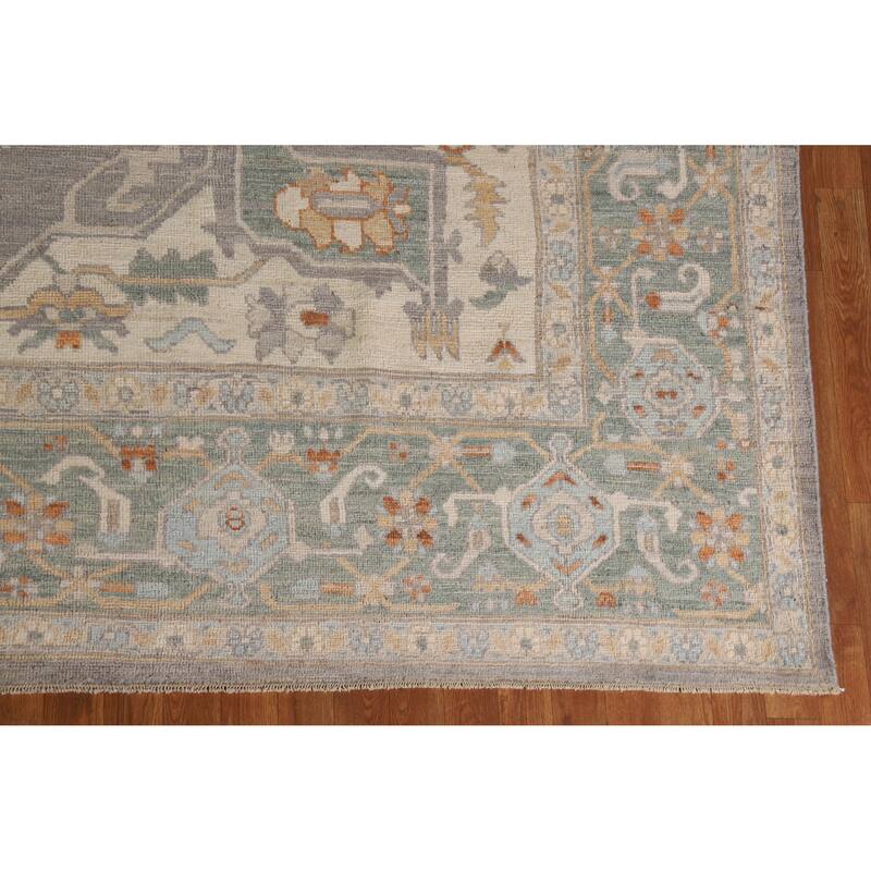 Hand Knotted Oriental 100% Wool Carpet Transitional Medallion Greys & Charcoal Oushak Area Rug - 14' 2'' X 10' 2''