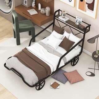 Twin Size Metal Car Bed with 4 Wheels and X-Shaped Frame Shelf