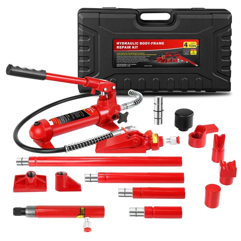 4 Ton Porta Power Kit, Portable Hydraulic Jack with 4.1 ft/1.25 m Oil Hose, 17 Pcs Hydraulic Ram, 8000 Lbs Capacity - 4 ton