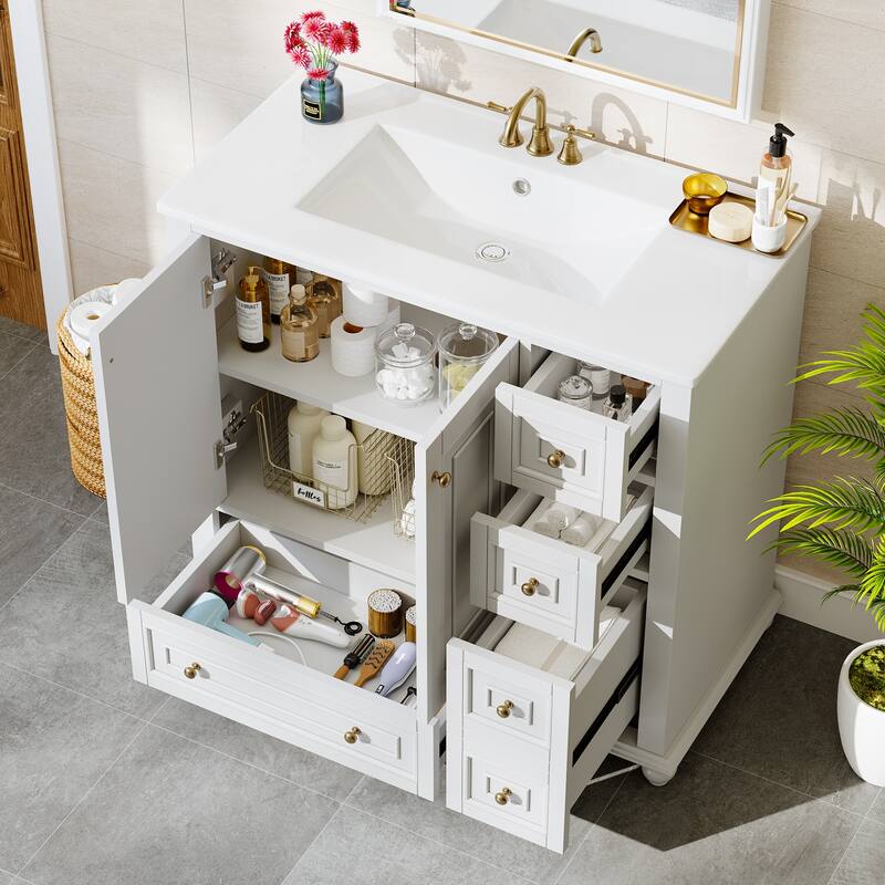 Modern Freestanding Solid Wood Bathroom Vanity with Ceramic Sink, Adjustable Shelf Storage