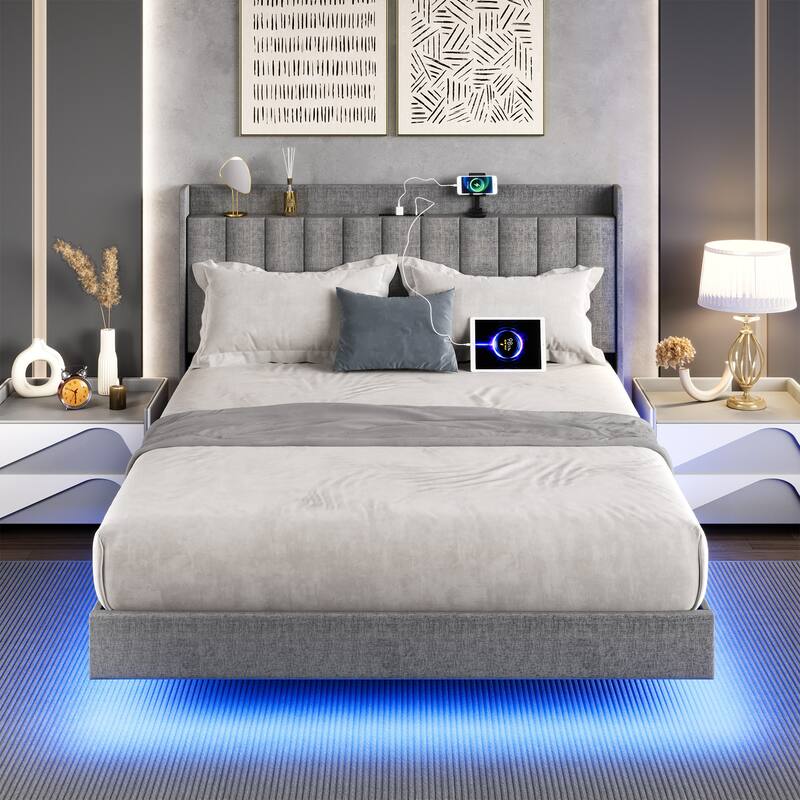 Floating Bed Frame with LED Lights, Upholstered Platform Bed Frame with Charging Station & Storage Headboard