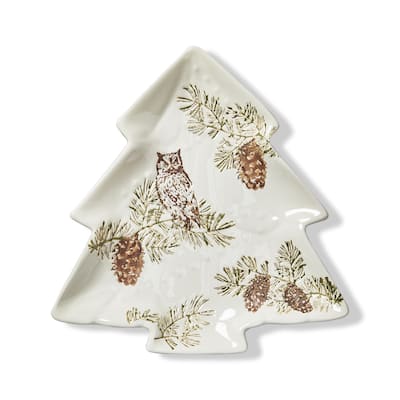 Wilde Pine Tree Shaped Ceramic Platter for Serving Christmas Treats 9.5 x 9 x 1 inches Dishwasher Safe Multicolor