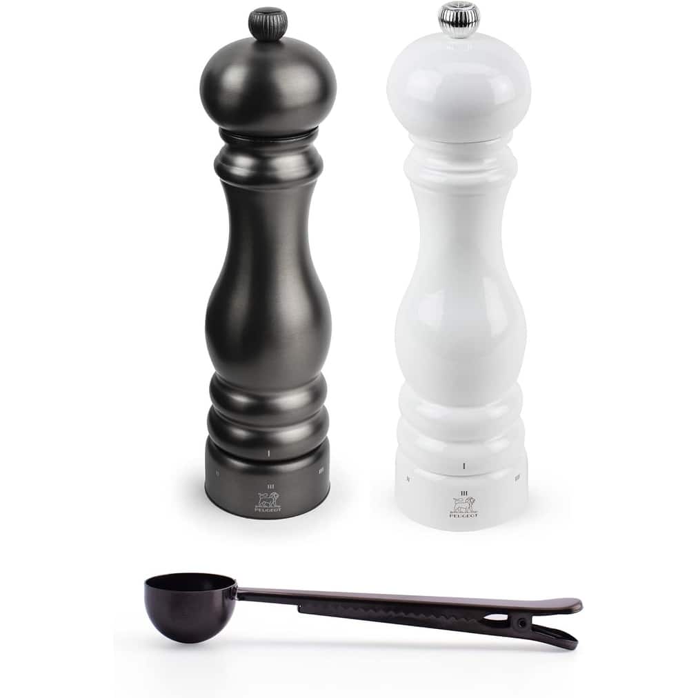 Peugeot Paris Chef Carbone u'Select Stainless Steel 22cm 9 inch Carbon Finish Pepper Mill w/ White Lacquered Salt Mill