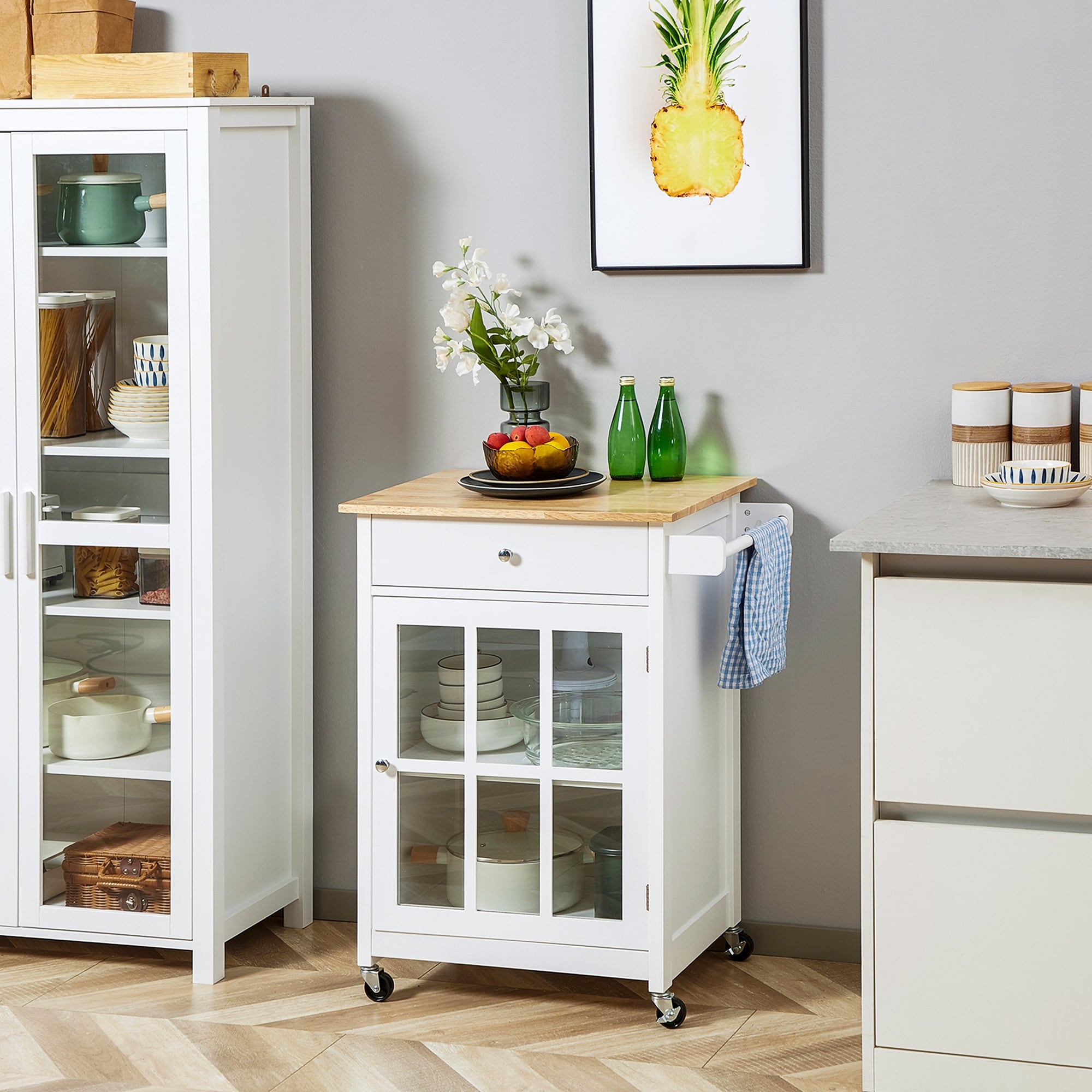 Rustic Rolling Kitchen Island with Adjustable Shelf, White Kitchen Cart with Towel Rack & Storage Cabinet