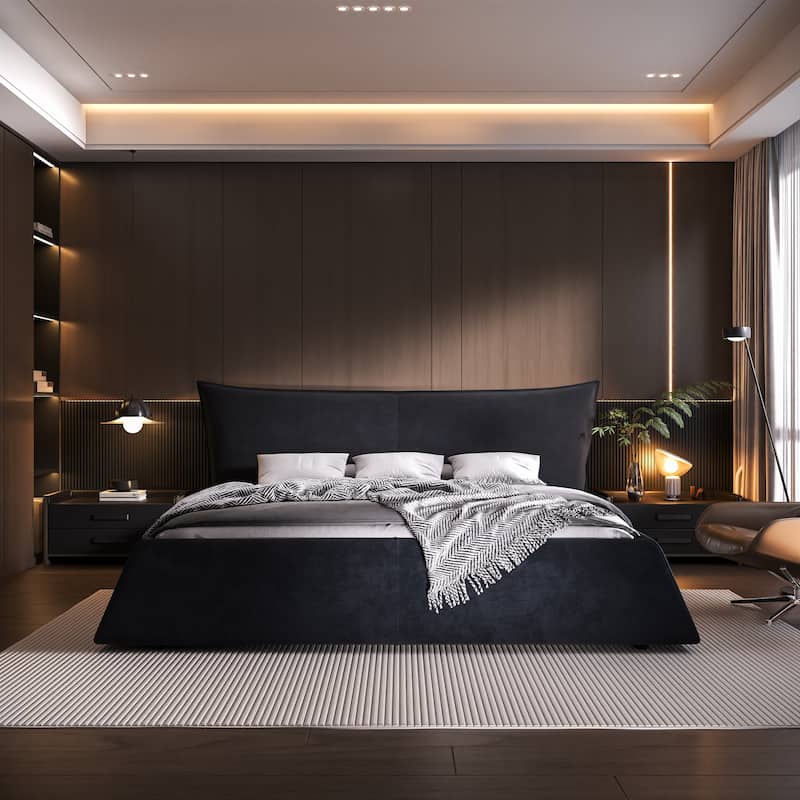 King Size Upholstered Platform Bed with Special Shaped Velvet Headboard