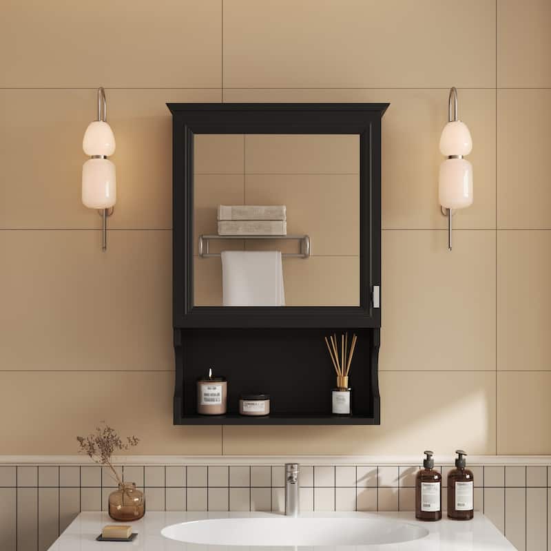 20''Wall Mounted Bathroom Storage Cabinet with Mirror,Wall Mounted Home Storage with Door,Mirrored Wall Medicine Cabinet - Black